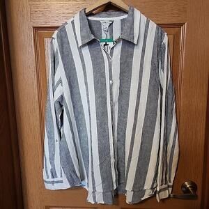 Orvis Ladies' Long Sleeve Striped Linen Blend Top Size XL Island Stripe Navy NWT